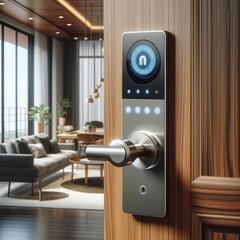 Modern smart door lock on a wooden door, showcasing an elegant interior design with a touch of technology, perfect for residential and commercial spaces.