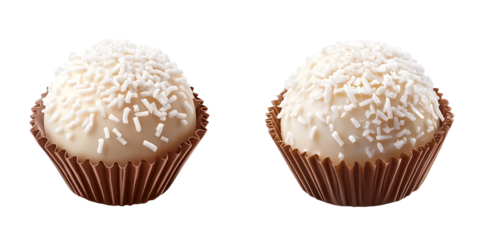 Isolated traditional Brazilian Brigadeiro de coco sweet truffle set on transparent surface, high resolution PNG file