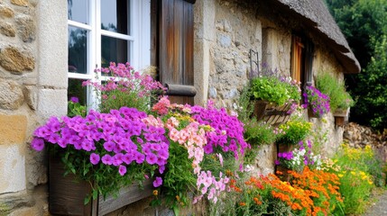 Fototapeta premium Vibrant flower boxes overflowing with colorful blooms adorn a rustic stone cottage in a serene garden