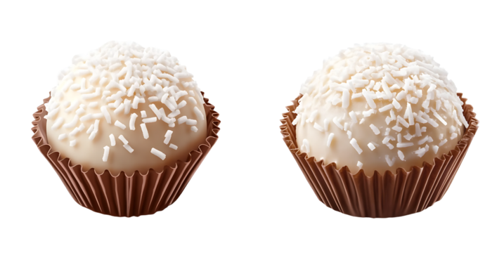 Isolated traditional Brazilian Brigadeiro de coco sweet truffle set on transparent surface, high resolution PNG file