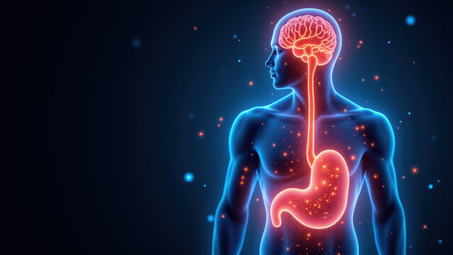 Illustration of a human body with highlighted internal organs and glowing lines indicating nerve pathways, specifically showing vagus nerve stimulation.
