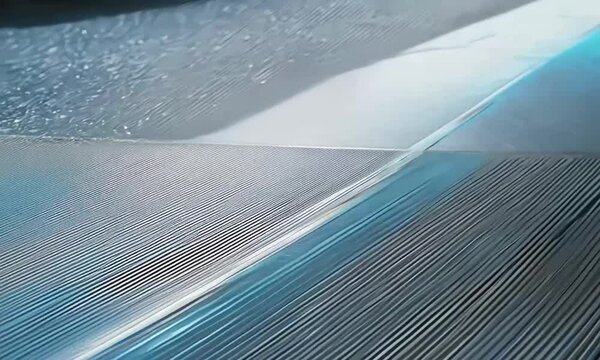 Metallic blue surface with fine parallel lines and reflective gloss showing precision texture