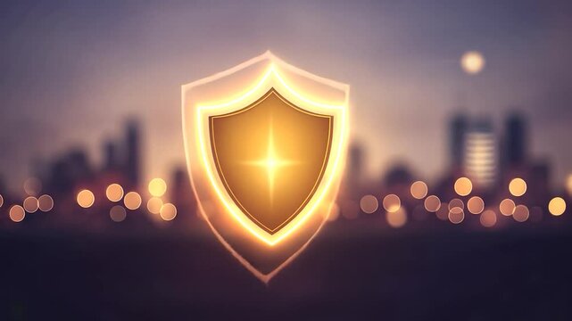 Cityscape Protection: A Glowing Shield Symbol of Security and Safety over a Night City