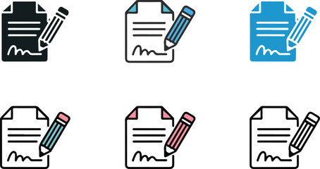  Collection of Signed Document Icons with Different Pencil Colors