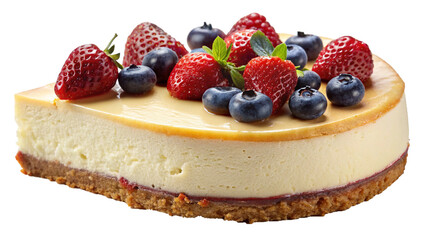 Delicious Creamy Cheesecake Slice Topped with Fresh Strawberries and Blueberries