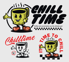 Collection groovy funky vector of coffee cup mascot set illustration cartoon style, retro and trendy graphic design.