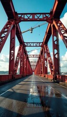 Steel beams rising, bridge under construction , worker, view