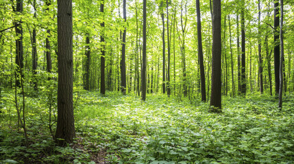 Obraz premium Lush green forest with tall trees and vibrant foliage creating serene atmosphere