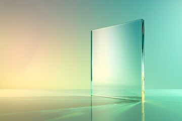 Futuristic Glass Panel: A sleek, transparent glass panel stands on a surface with a soft gradient background