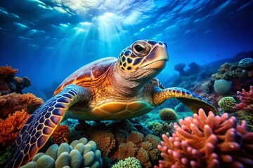 Fototapeta premium Majestic Sea Turtle Explores a Vibrant Coral Reef in the Deep Ocean A Stunning Underwater Encounter