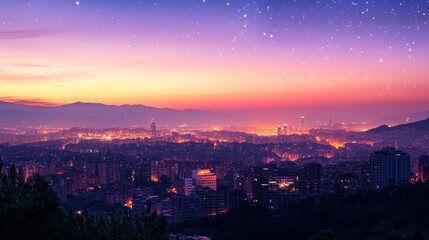 Fototapeta premium A panoramic view of a city skyline at dusk, lights sparkling like stars in the distance 