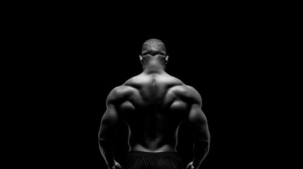 Naklejka premium Sculpted Strength: A striking, back view of a muscular man, showcasing his powerful physique in dramatic monochrome, emphasizing his dedication and drive.