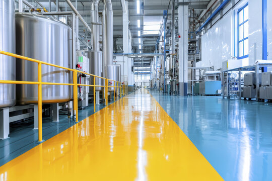 clean and modern dairy processing facility with shiny floors and large tanks