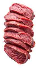 A stack of six raw beef steaks isolated on white background fresh red meat