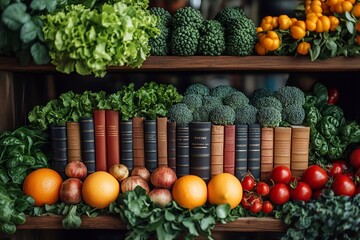 
A shelf with books about veganism, inspirational quotes about healthy eating.