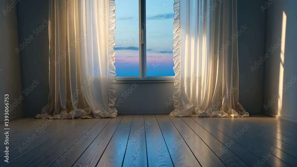 Poster lighted window with curtains in empty area