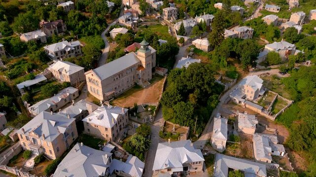Nymfaio, Florina, Greece. A charming mountain village with stone-built houses, cobbled streets, and stunning natural scenery