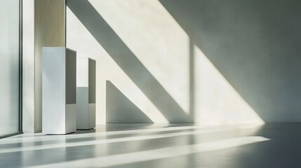 Obraz premium Modern minimalist interior with sunlight streaming through large window, illuminating two white speakers.