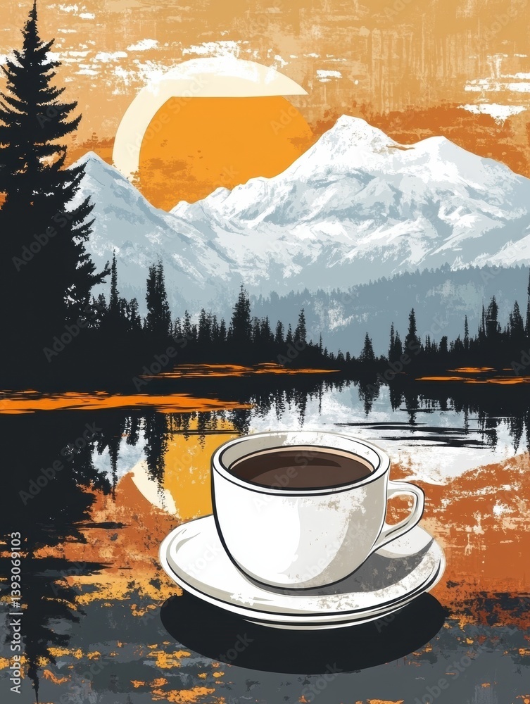 Poster coffee cup resting on a saucer with a serene mountain and pine backdrop at sunset