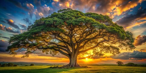 Fototapeta premium Serene Sunset Silhouette of a Majestic Silk Cotton Tree A Stunning Rule of Thirds Composition Capturing the Golden