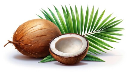 Fresh Coconut Top View: Whole & Half Cut Coconut with Palm Leaf on White Background
