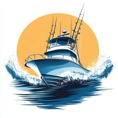 Fishing boat speeds across ocean waves during sunset in vibrant graphic illustration