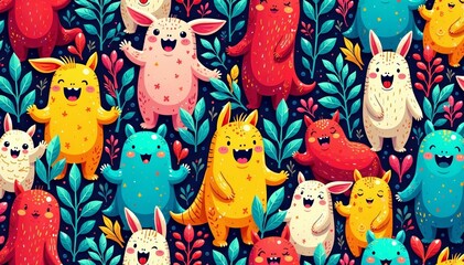 Fototapeta premium Graffiti style seamless pattern with quirky cartoons and fantastical creatures, fantastical, bizarre, creatures
