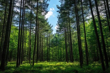Obraz premium Lush forest canopy, sunlight filtering through tall trees