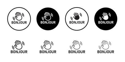 Bonjour text with hand wave icon outline collection or set in black and white © Krupal