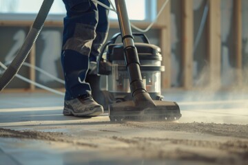 Close up of male using dust removal with modern vacuum cleaner. Construction cleaning service