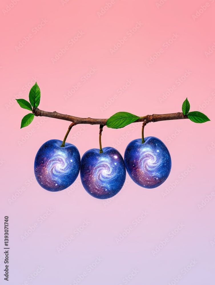 Poster branch with three fruits designed with galaxy-like patterns of stars and cosmic elements against pin
