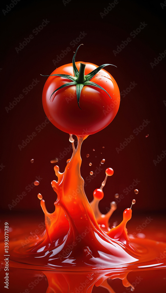 Poster dynamic mid-air splash of bright red tomato with green stem surrounded by tomato juice droplets on a