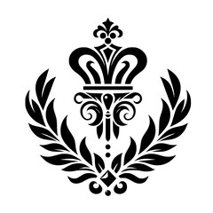 Ornate Crown and Laurel Wreath Emblem, Black and White Design