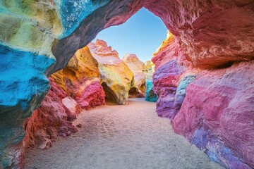 Colorful rock formations in a cave-like passage