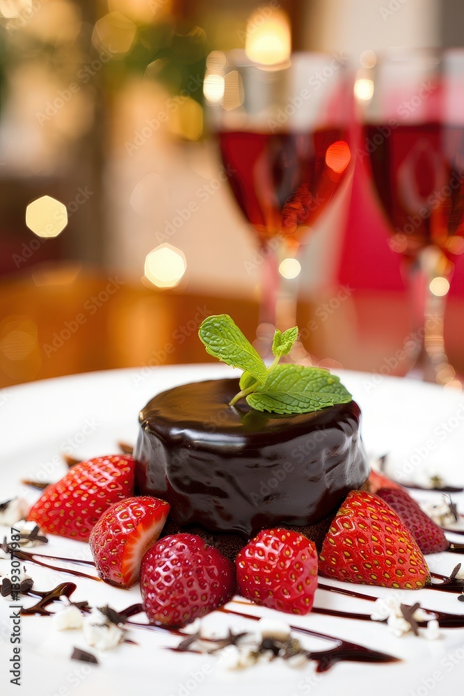 Aufkleber chocolate cake with mint garnish on dessert plate surrounded by fresh strawberries and drizzles of c