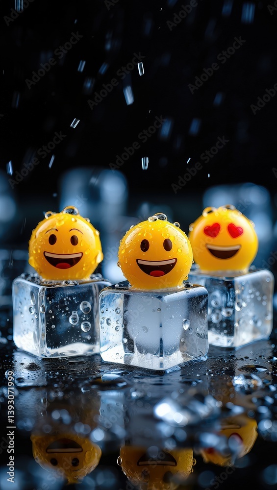 Poster three yellow smiley face balls on ice with water droplets in a dark background showcasing refreshing