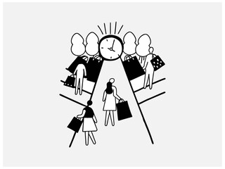 Elegant line art illustration of two man or women shopping on Black Friday. set of black and white icons perfectly captures the essence of Black Friday shopping. Hand-drawn Black Friday Shopping Icons