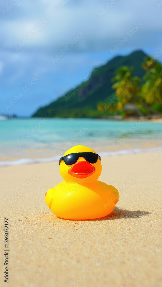 Poster yellow rubber duck with sunglasses on sandy beach by blue ocean with green mountain and partly cloud