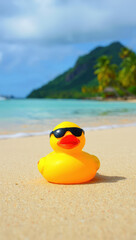 Naklejka premium Yellow rubber duck with sunglasses on sandy beach by blue ocean with green mountain and partly cloudy sky in the background.