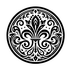 Ornate Black and White Circular Floral Emblem, Decorative Design