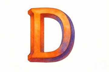 Watercolor illustration of the capital letter "D" in a 3D artistic style. Colorful brushstrokes blend warm and cool tones on a clean white background. Creative and elegant design.