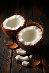 Fototapeta premium Coconut halves on a dark wooden surface surrounded by scattered pieces of white coconut flesh showcasing texture and contrast.