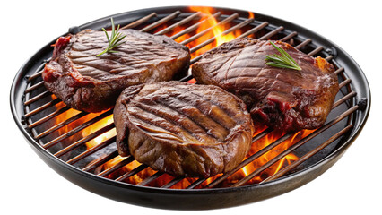 Three juicy steaks grilling on a hot barbecue with flames visible