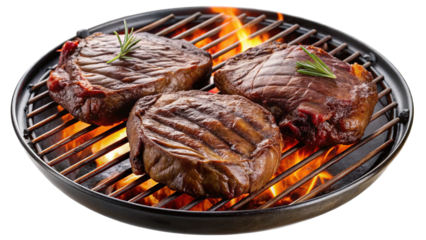 Three juicy steaks grilling on a hot barbecue with flames visible