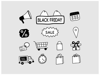 Elegant line art illustration of two man or women shopping on Black Friday. set of black and white icons perfectly captures the essence of Black Friday shopping. Hand-drawn Black Friday Shopping Icons