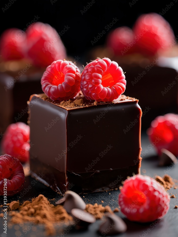 Poster Elegant chocolate cube dessert topped with raspberries and cocoa dust surrounded by scattered raspberries and chocolate.