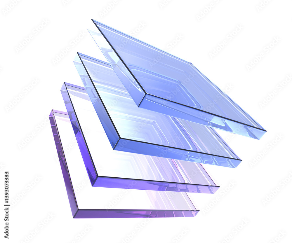Poster 3d abstract glass square shapes in row. Iridescent crystal transparent plates, flying rainbow panels with holographic gradient, dispersion light for ui design, digital tech background