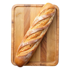 A delicious crusty baguette rests on a beautiful wooden cutting board