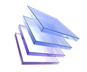 3d abstract glass square shapes in row. Iridescent crystal transparent plates, flying rainbow panels with holographic gradient, dispersion light for ui design, digital tech background