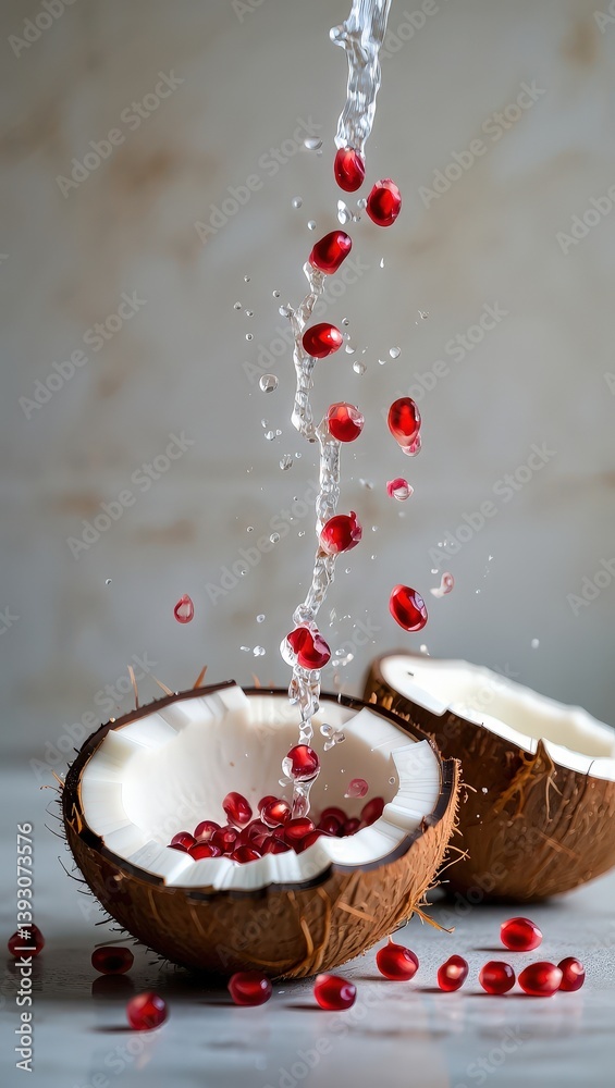 Aufkleber fresh pomegranate seeds sitting inside two halved coconuts with water being poured into one, causing